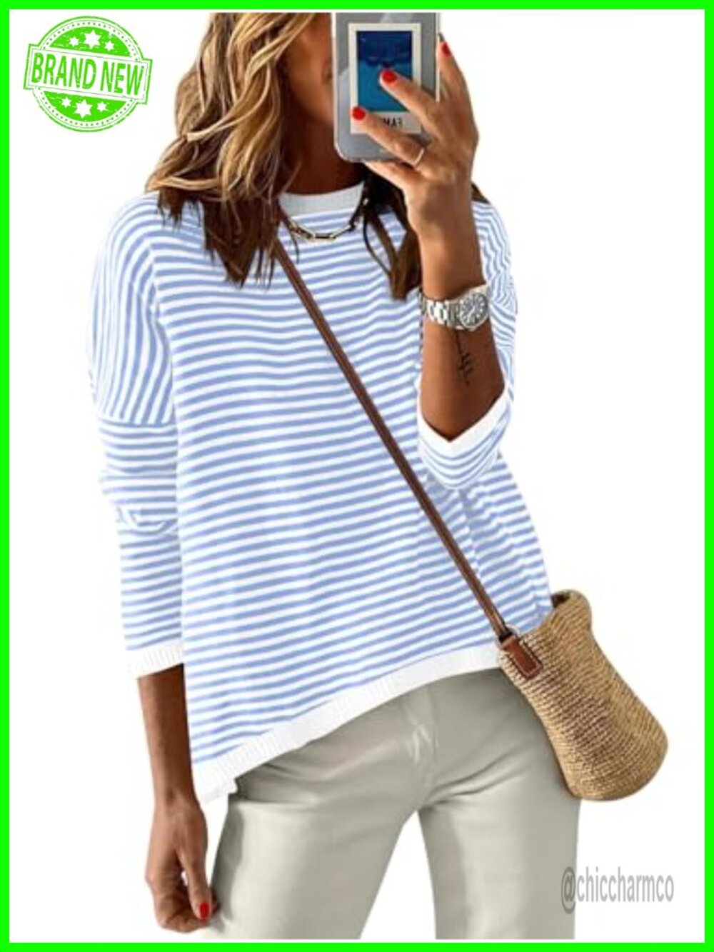 Women's Striped Knit Pullover Sweater Casual Long Sleeve Crewneck Fall Top